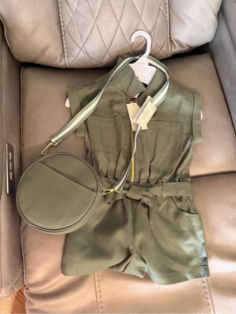 Olive Utility Romper with Striped Crossbody Bag